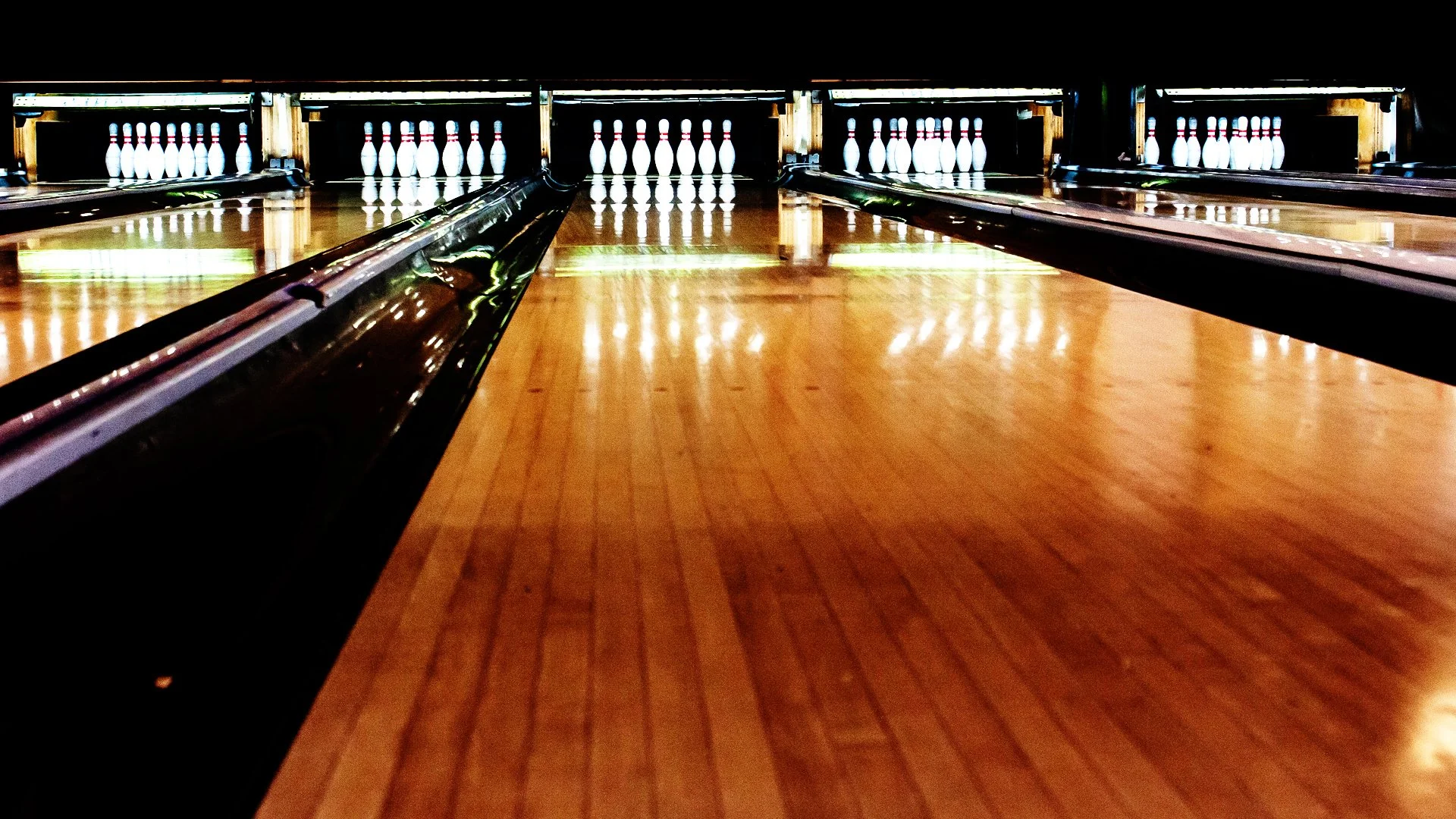 Pins standing under the lane lights at The Lanes